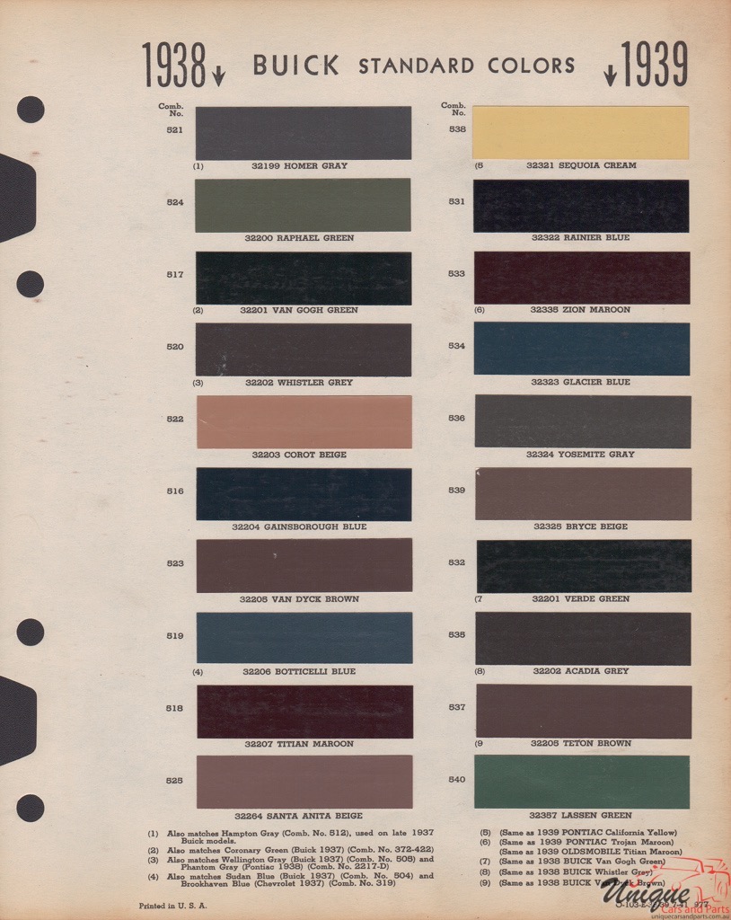 1938 Buick Paint Charts Williams 1